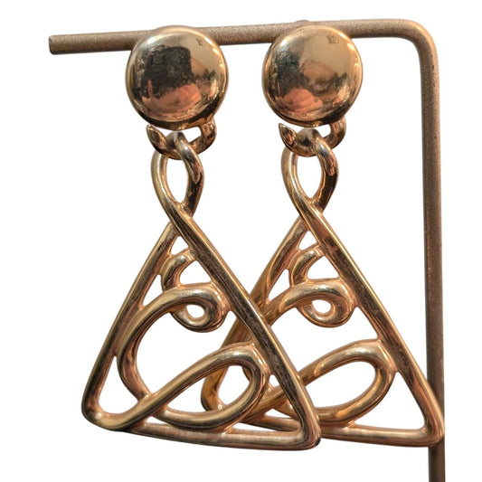 Vintage 80s Large Gold Plate Swirl Drop Triangle Dangle Pierced Earrings