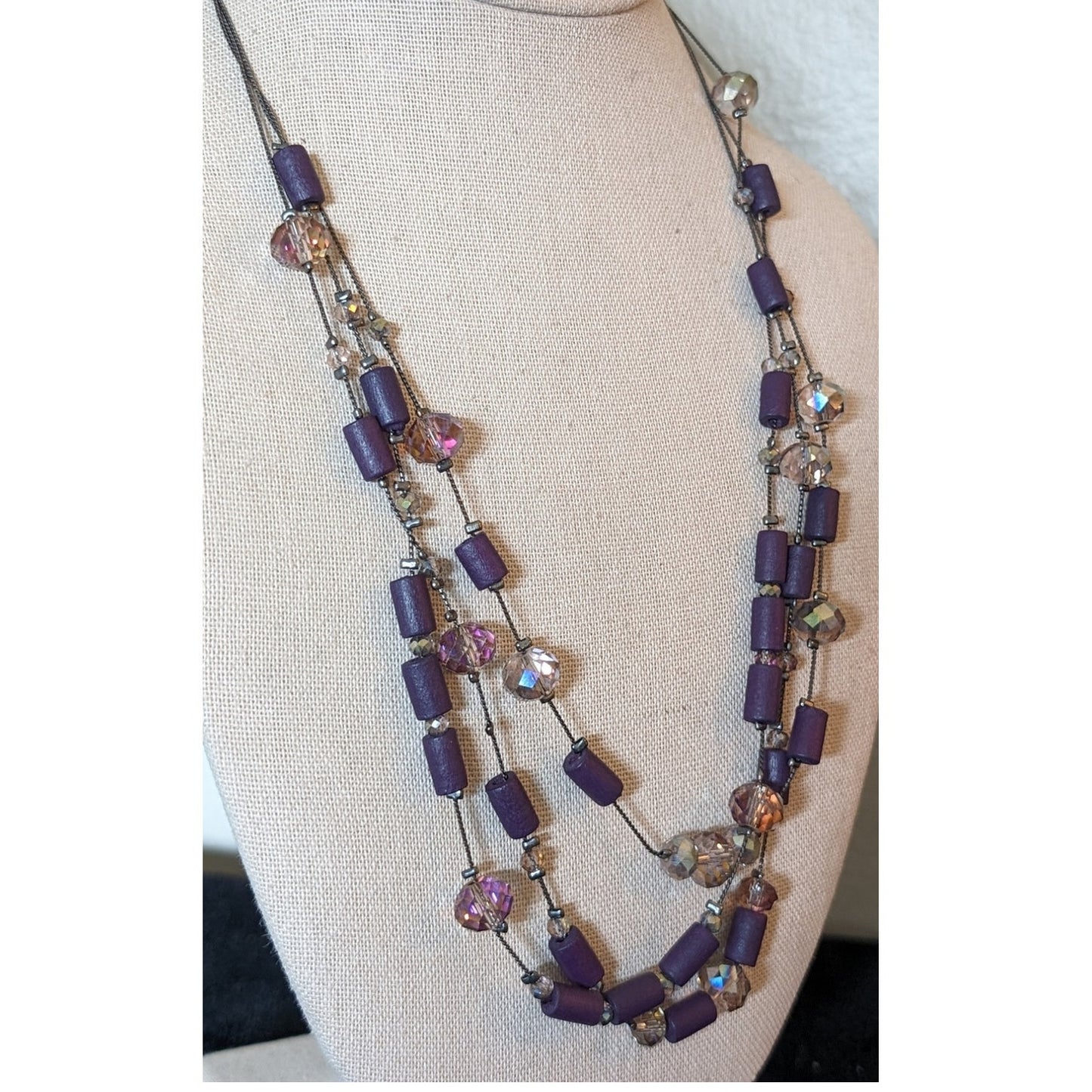 Charming Charlie Purple Wood Smoky Lavender Crystal Gun Metal 3 Strand Necklace