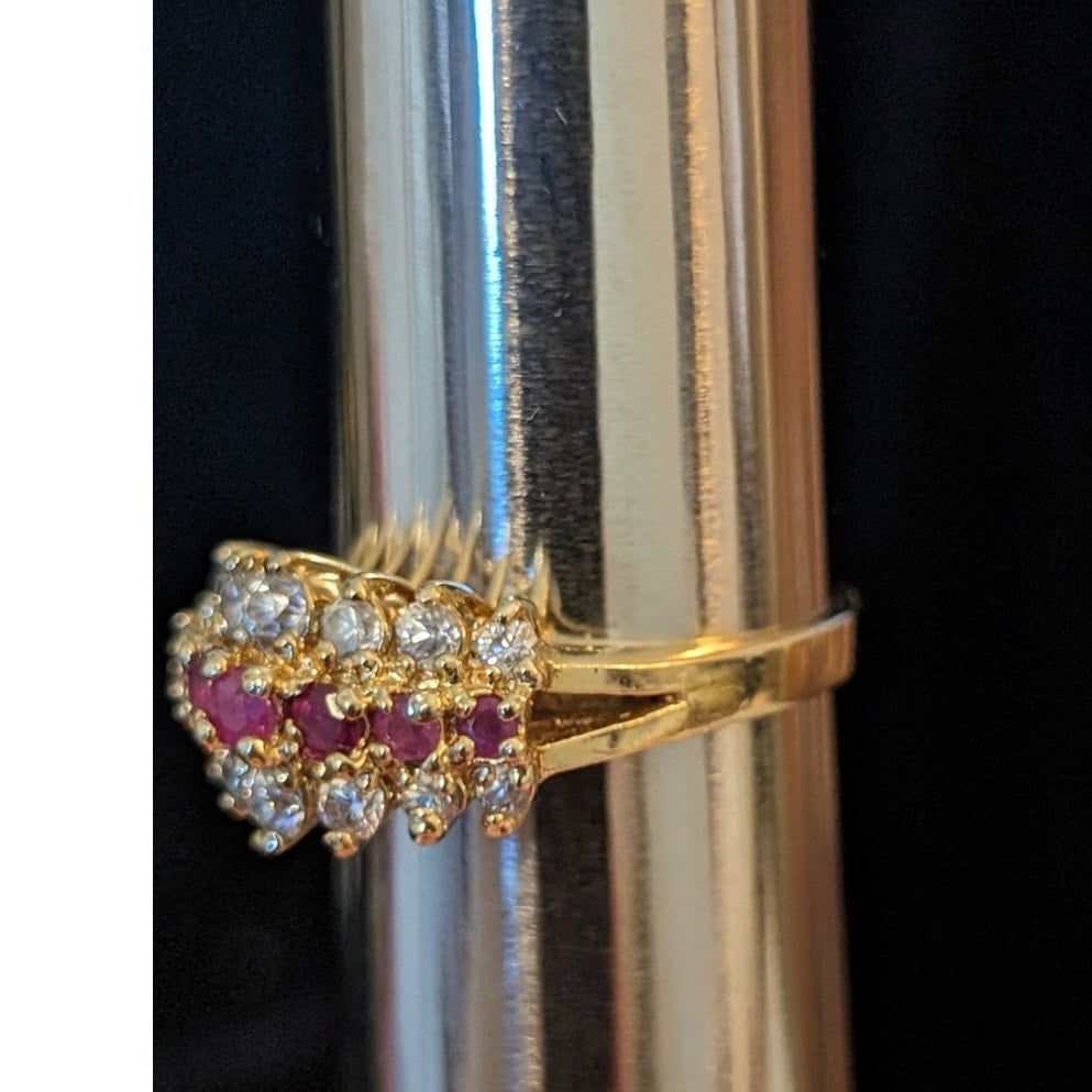 925 Sterling Vermeil Three Row Lab Created Ruby & CZ Ring Size 9.75