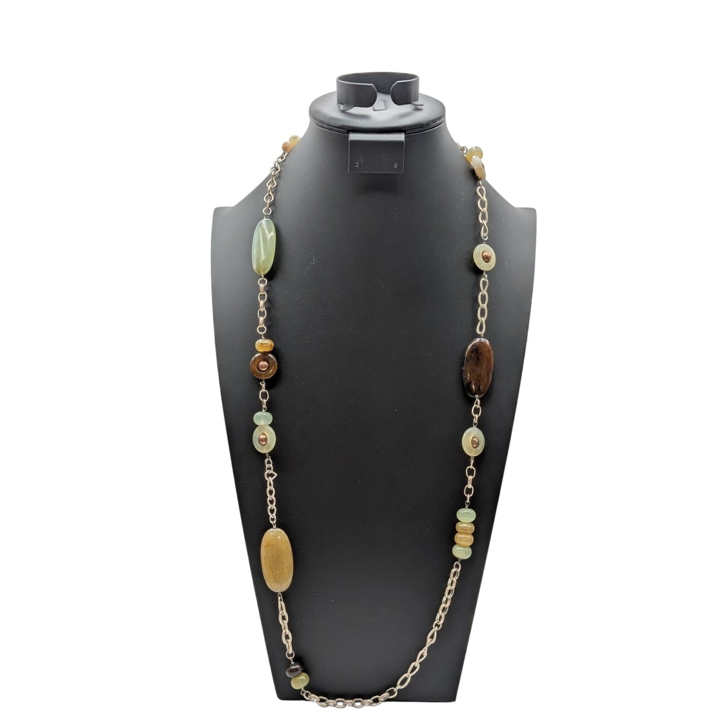 Vtg Green Brown Neutral Colors Stone & Glass Bead Silver Tone Chain Necklace