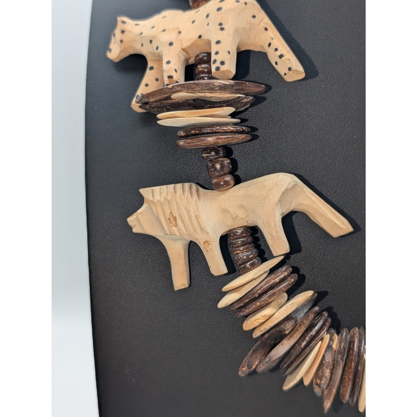 Tribal Lion Tiger Giraffe Carved Animal Coconut Shell Bead Barrel Clasp Necklace