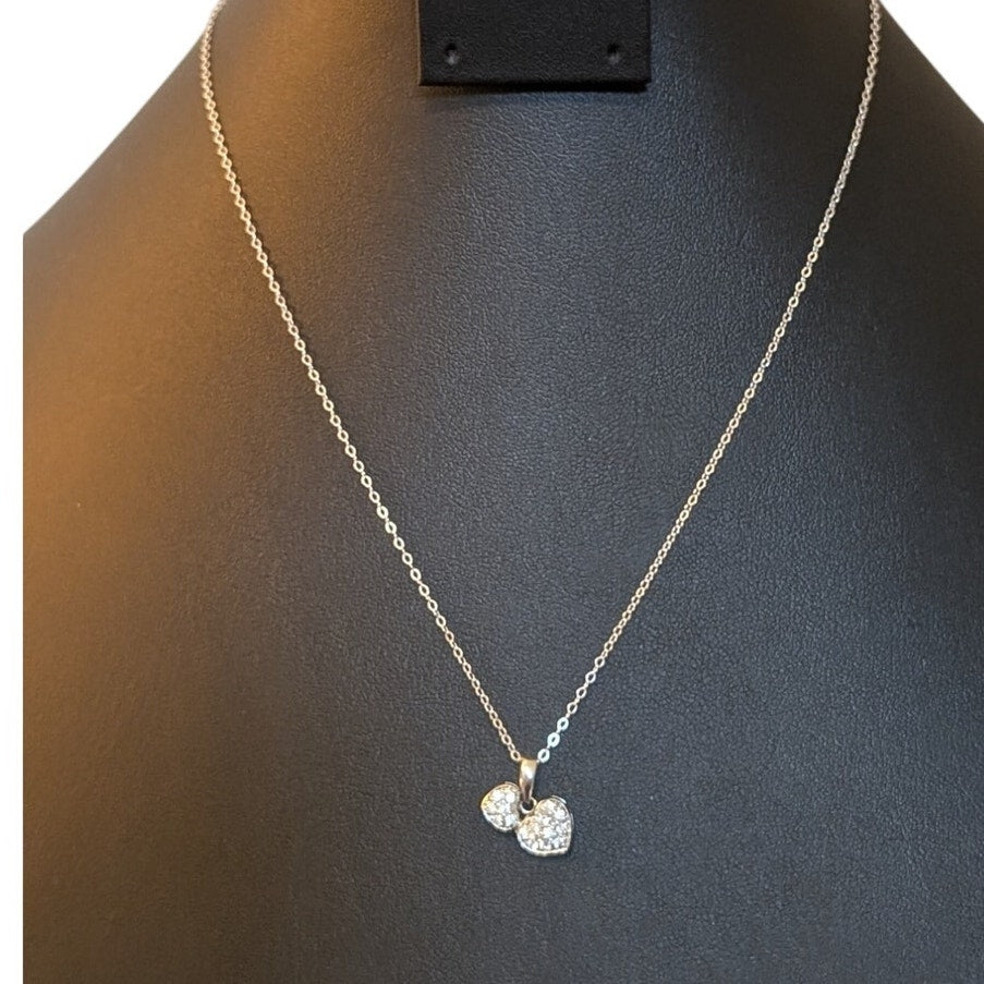 Two Pave CZ Heart 925 Sterling Silver Pendant 18" Necklace