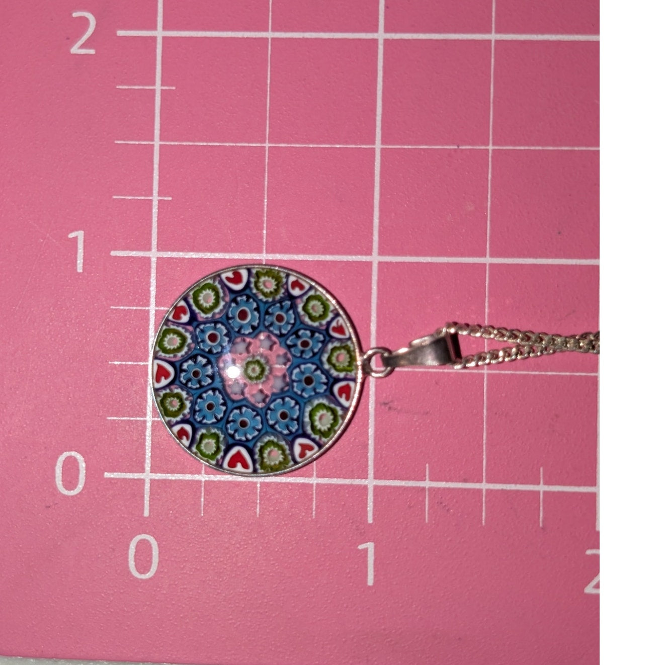 Signed M Italy 925 Murano Glass Millefiori Pendant 20" Sterling Chain Necklace