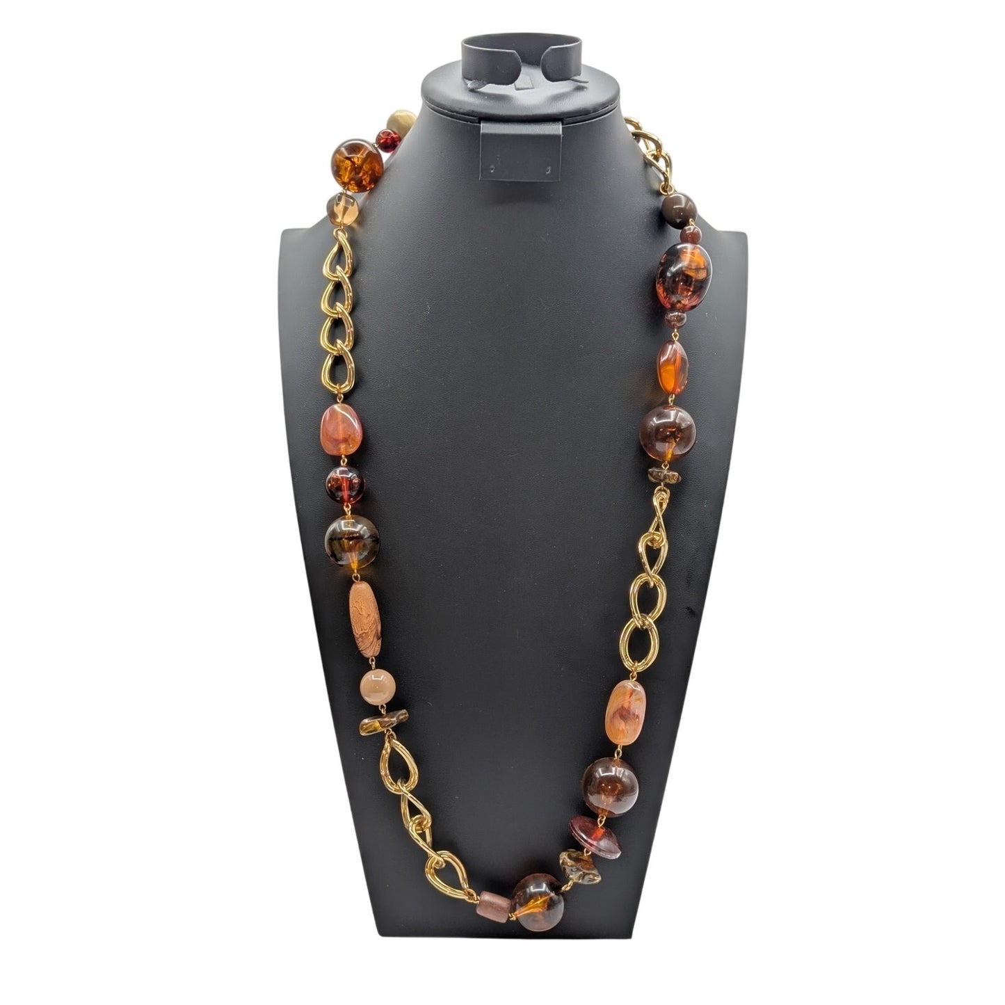 Chunky Gold Tone Chain Link Amber Acrylic Bead 34" Necklace
