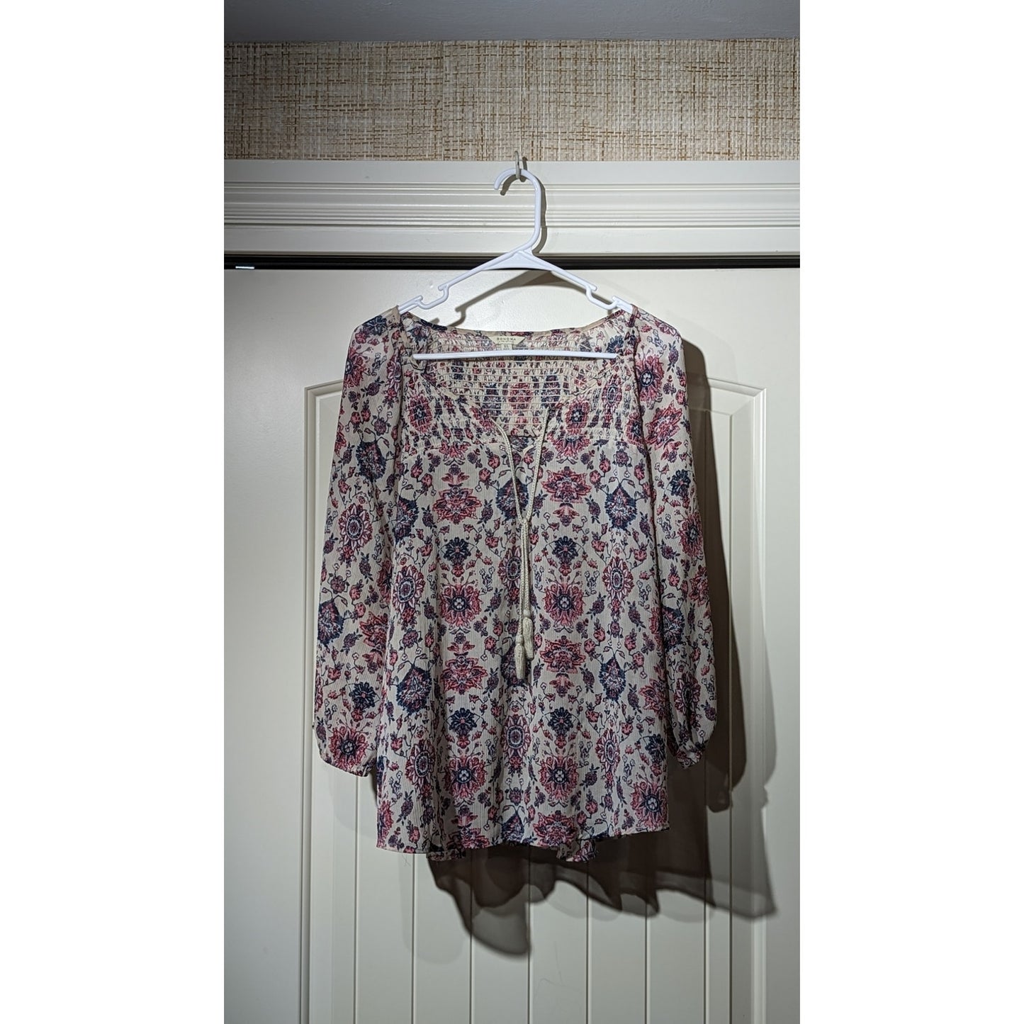 Sonoma Smock Tie Front 3/4 Elastic Sleeve Navy Pink Cream Floral Top Women Sz XL