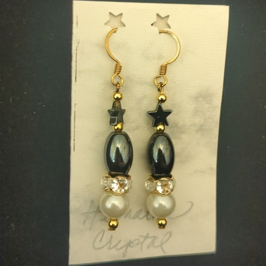 Handmade Hematite Crystal Star Gold Tone French Wire Dangle Earrings