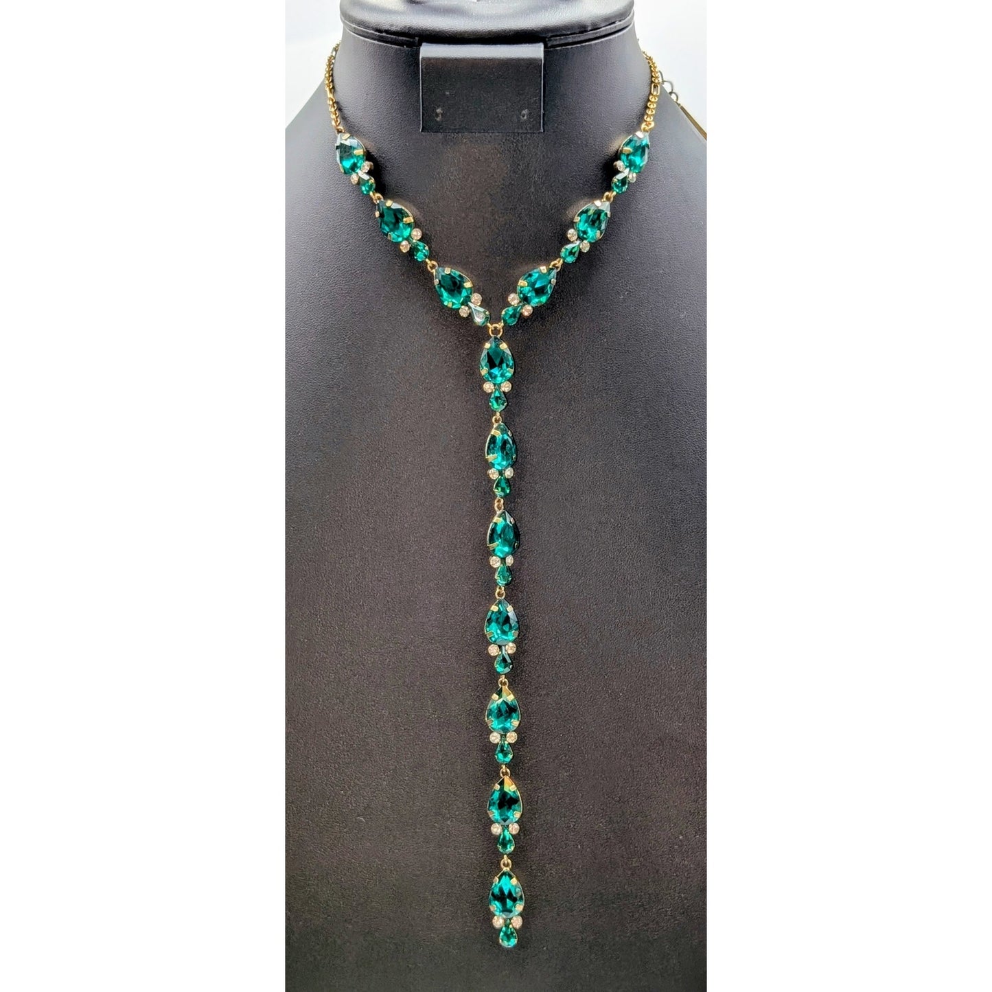 Sherri Hill Gold Tone Metal Green & Clear Rhinestone Long Y 15"-18" Necklace