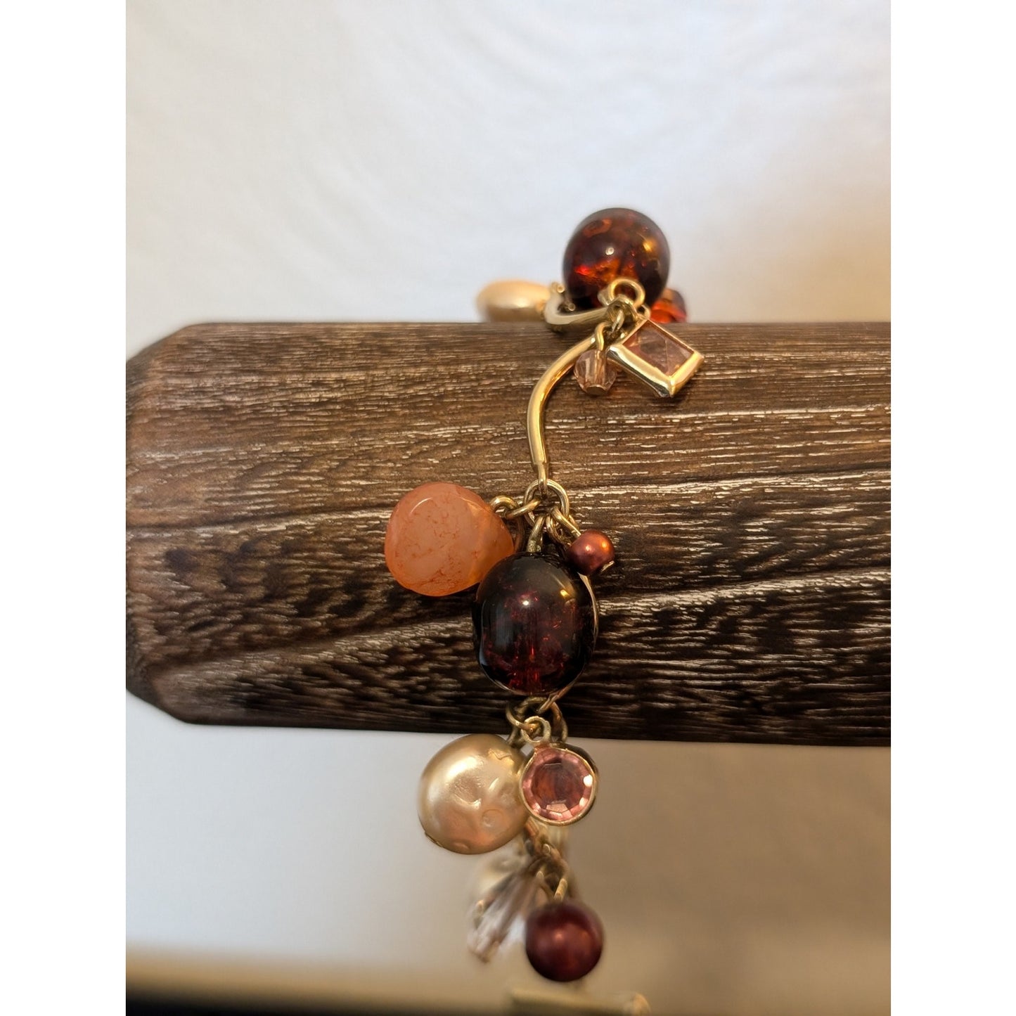 Gold Tone Colored Pearl Crystal Glass Amber Bead Scalloped Bar Toggle Bracelet