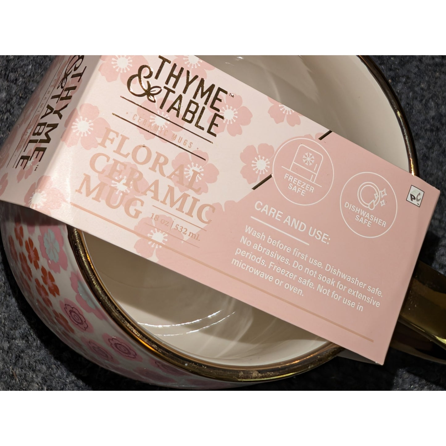 NWT Thyme & Table Pink Floral Ceramic 18 oz. Gold Trim Coffee Tea Mug
