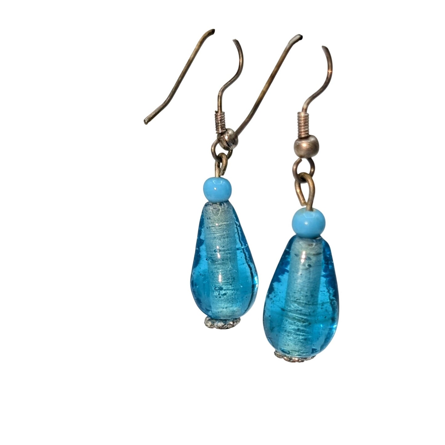 Blue Glass Bead Dangle Silver Tone Wire Earrings