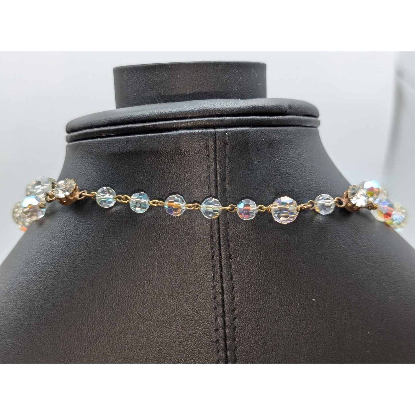 Vintage Double Strand Aurora Borealis Crystal Gold Bead  13"-15" Choker Necklace