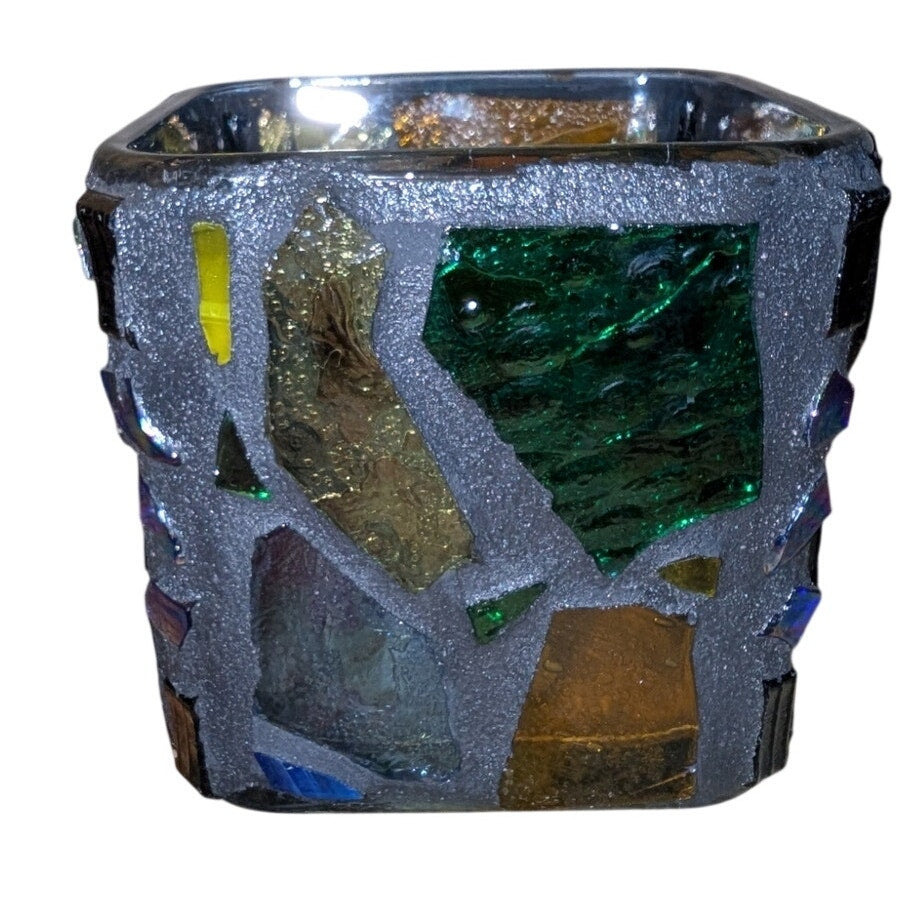 Vintage Mid-Century Brutalist Made in Mexico Stained Glass Mosaic Candle Holder