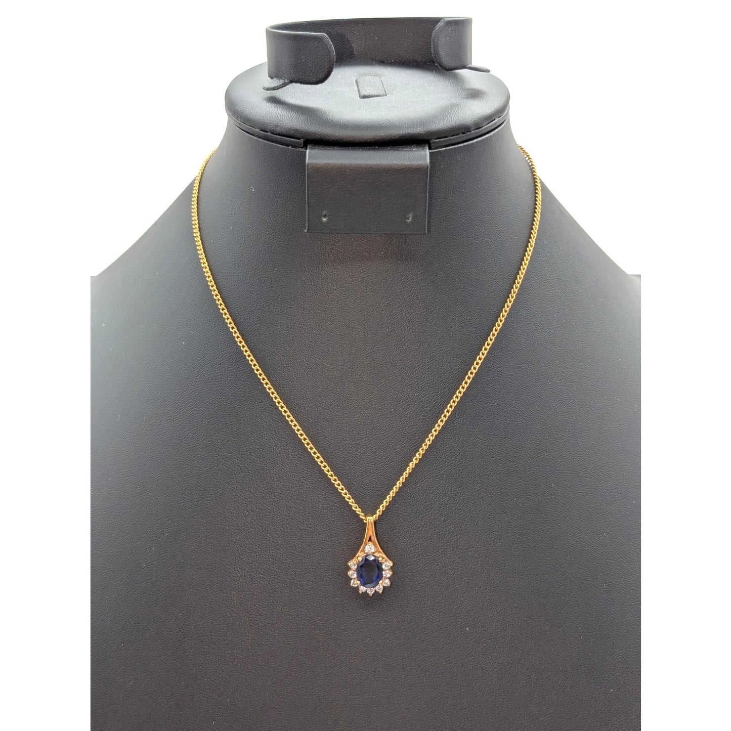 Vintage 14K Gold Electroplate Blue & Clear Stone Gold Tone Chain17"  Necklace