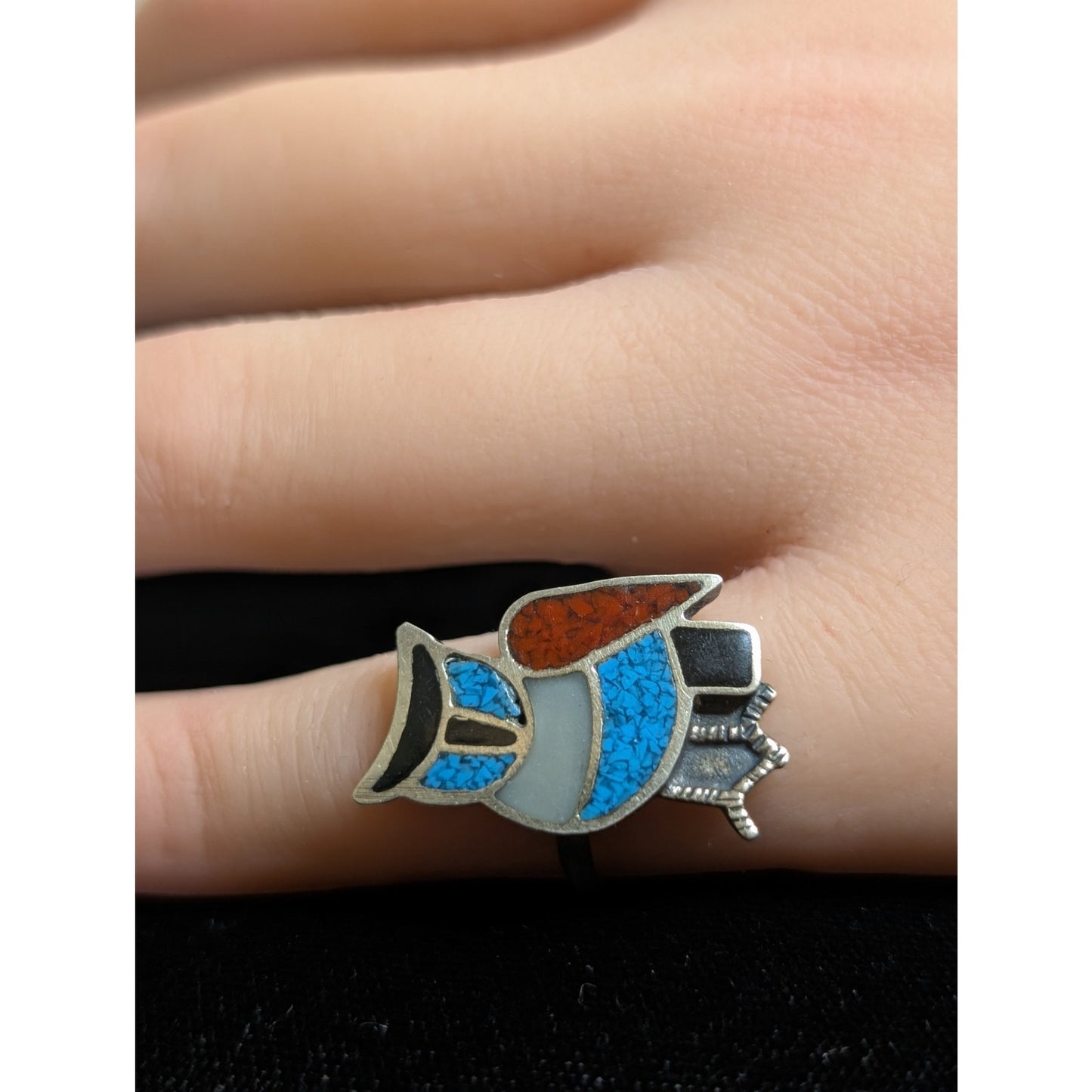 Vintage Native American Zuni Turquoise Sterling Silver Owl Inlay Ring Size 3.75