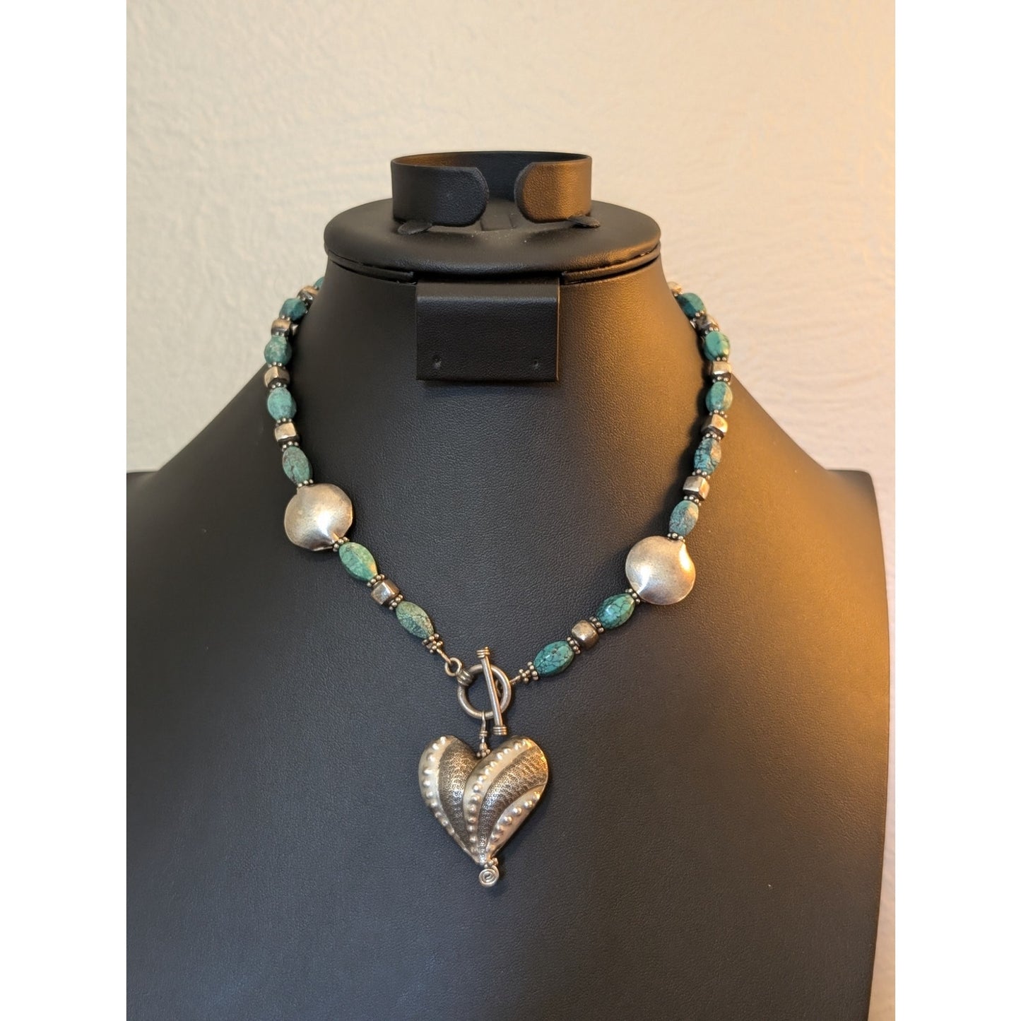 925 Textured Puff Heart Pillow Square & Turquoise Bead Toggle Clasp Necklace