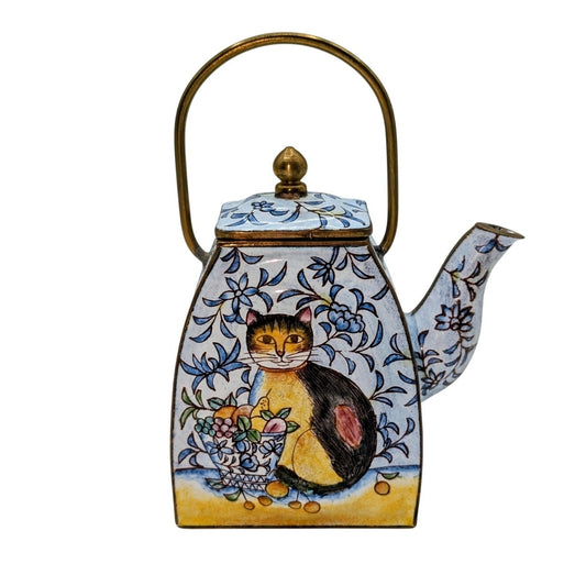 Vintage Empress Arts 1999 Enamel Cat Brass Collectible Mini Teapot