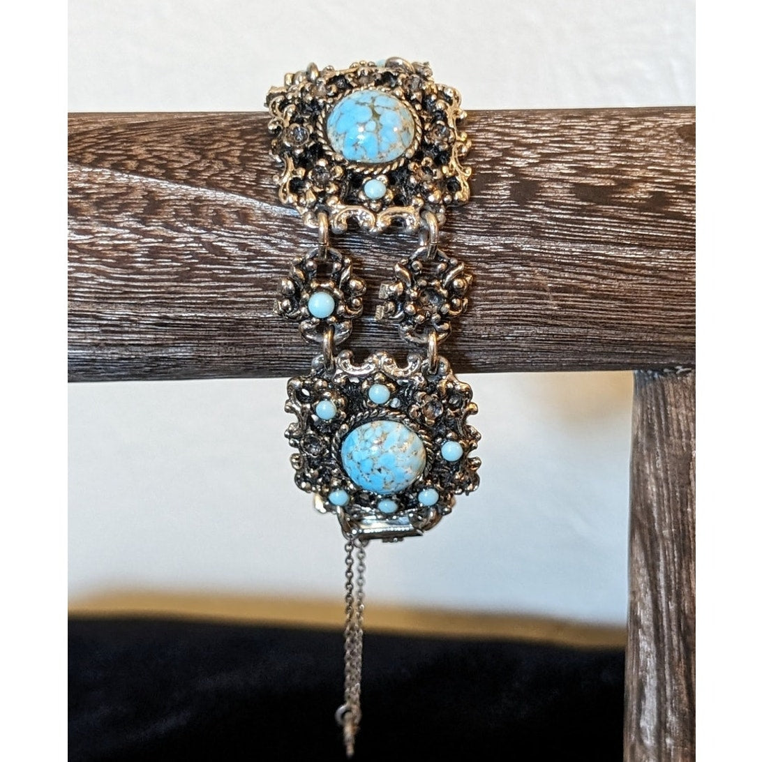 VTG Made in England Blue Stone or Glass Bead Filigree Safety Chain 7" Bracelet