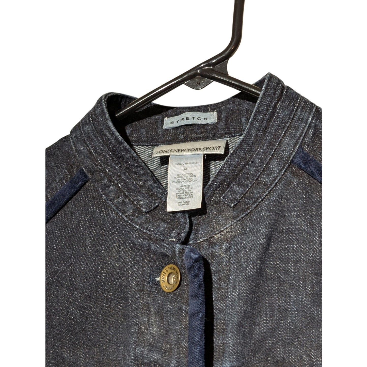 Jones New York Sport Stretch Denim Velvet Trim Military Jean Jacket Sz M