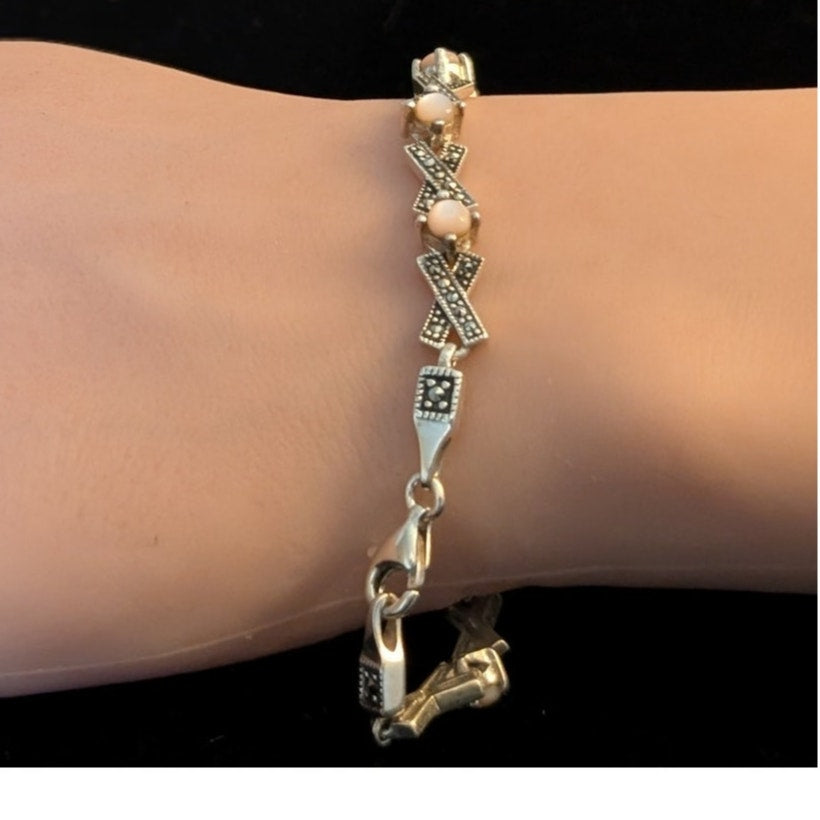 VTG 925 Sterling Silver Pink Moonstone Marcasite X & O Chain Link Bracelet