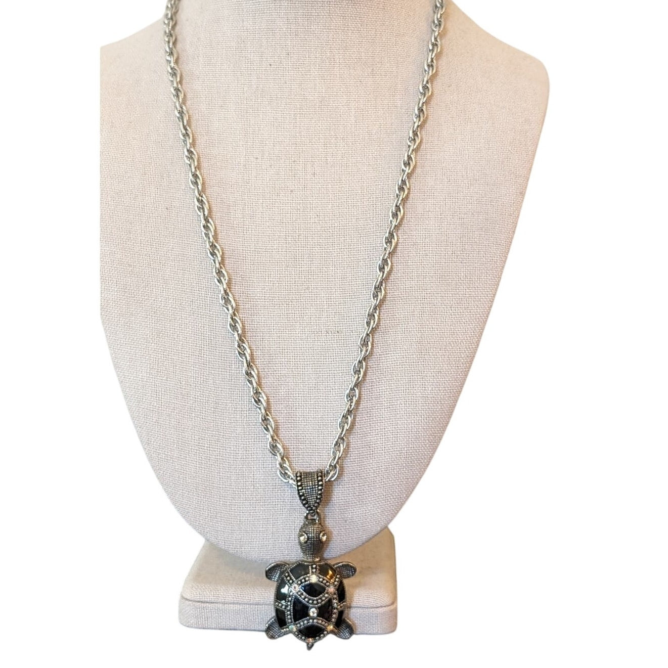 Vintage Black Enamel Beaded AB Crystal Silver Tone Chain Turtle Necklace