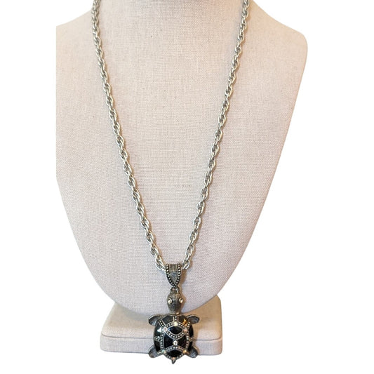 Vintage Black Enamel Beaded AB Crystal Silver Tone Chain Turtle Necklace