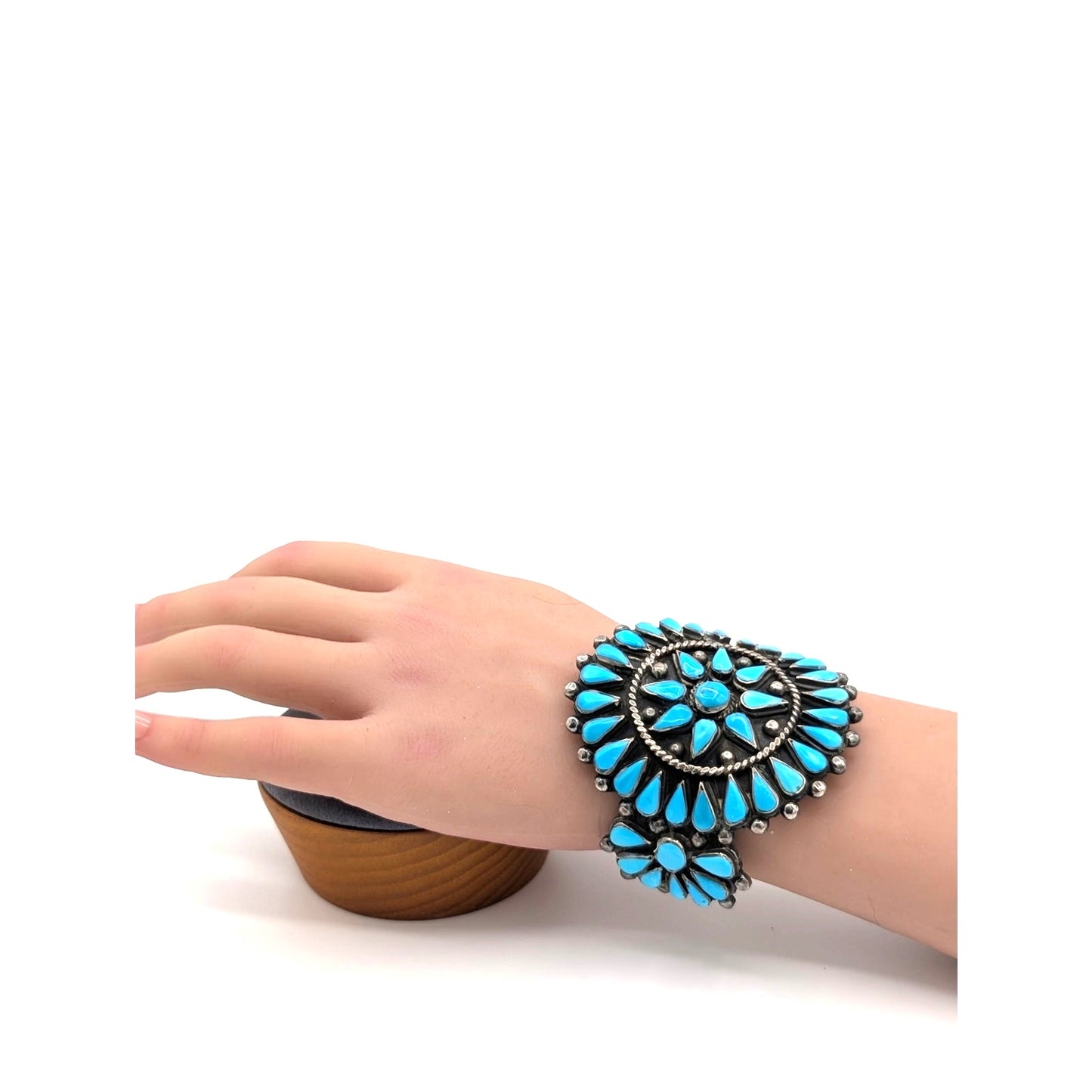 VTG Native ZUNI Sterling Silver TURQUOISE Flower Blossom Cuff Bracelet 92.34g