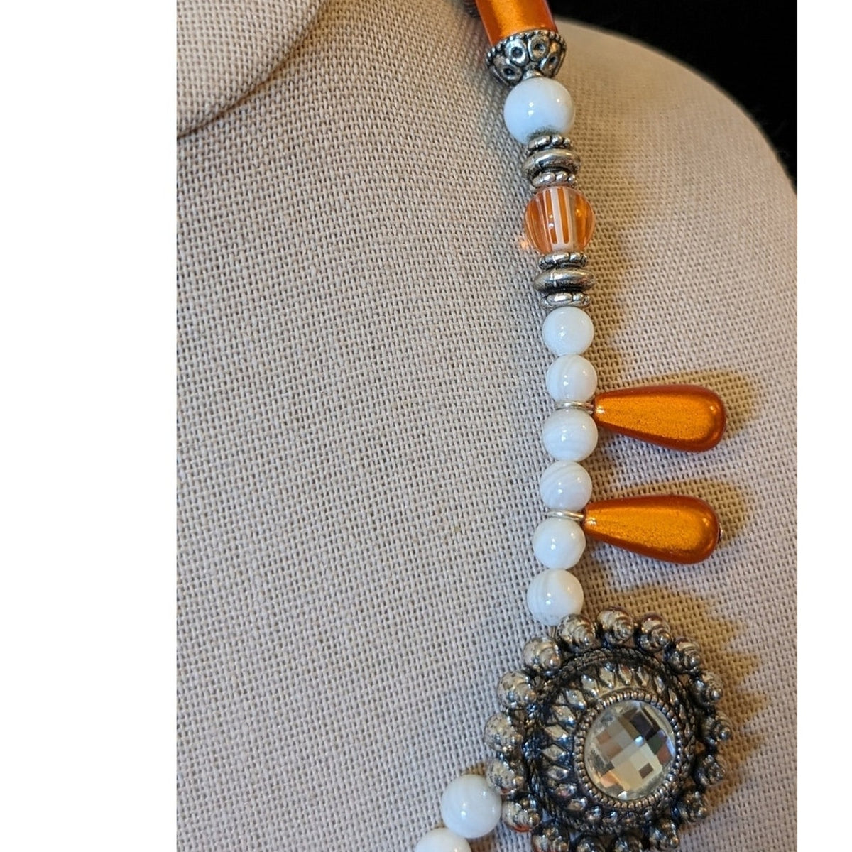 Orange Teardrop Dangle White Glass Rhinestone Bali Inspired 18.5" Necklace
