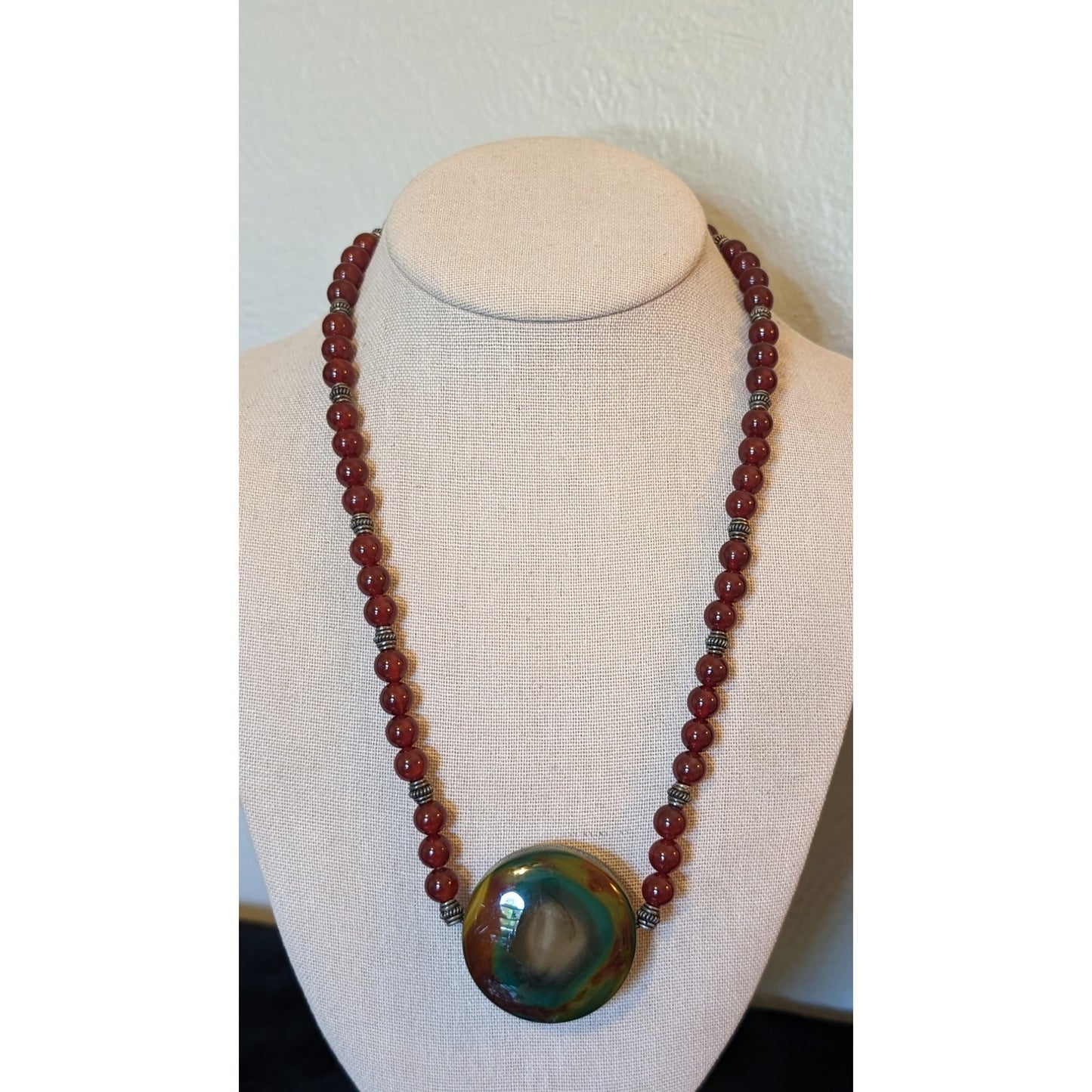 925 Sterling Carnelian Bead Large Jasper Cabochon Necklace W/ Fancy Hook Clasp