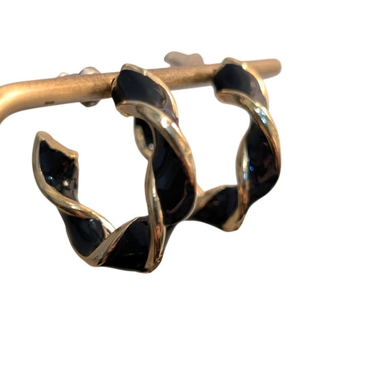 Vintage Gold Tone Navy/Black Enamel Twisted Half Hoop Post Earrings