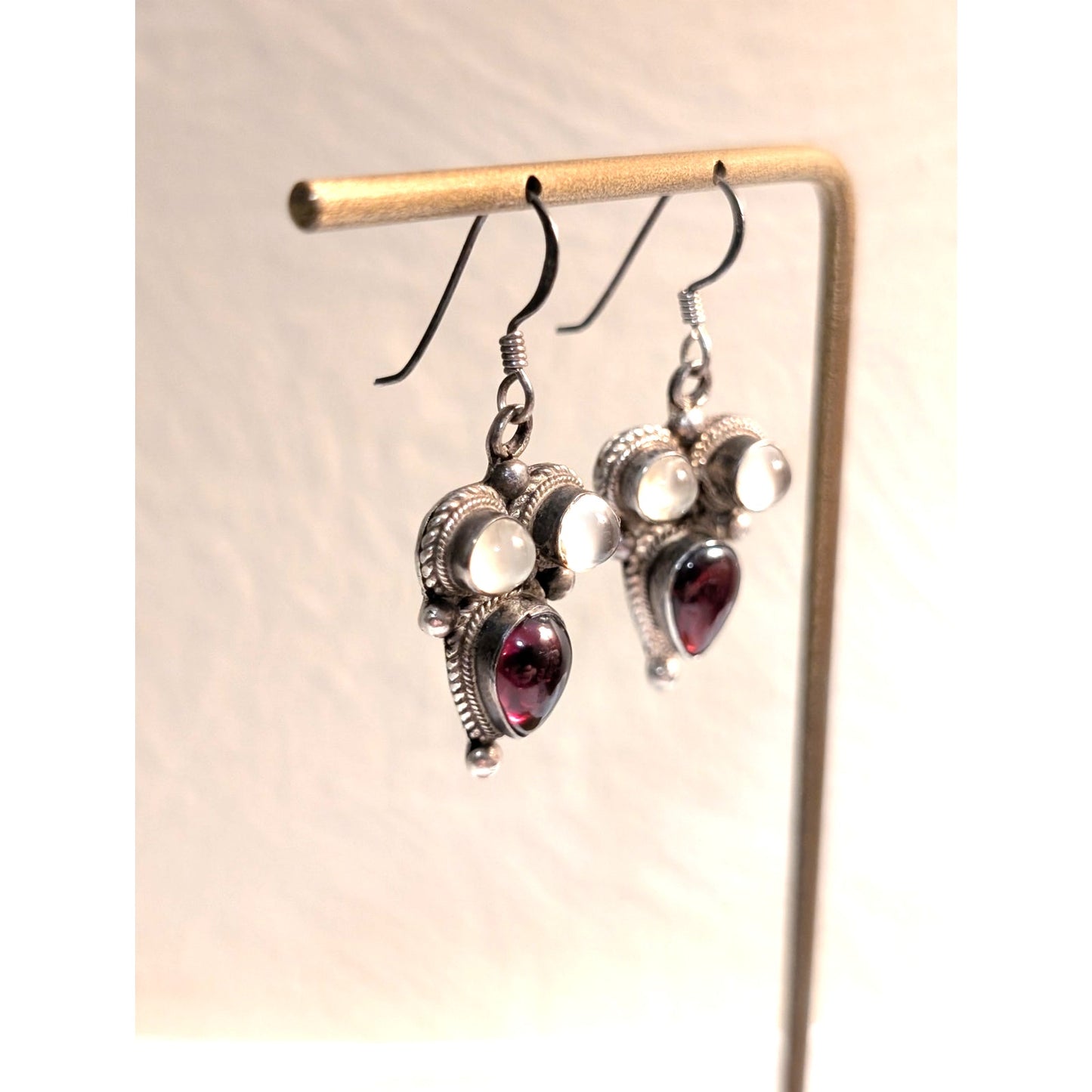 VTG Garnet (January Birthstone)  & Quartz 925 Sterling Silver Dangle Earrings