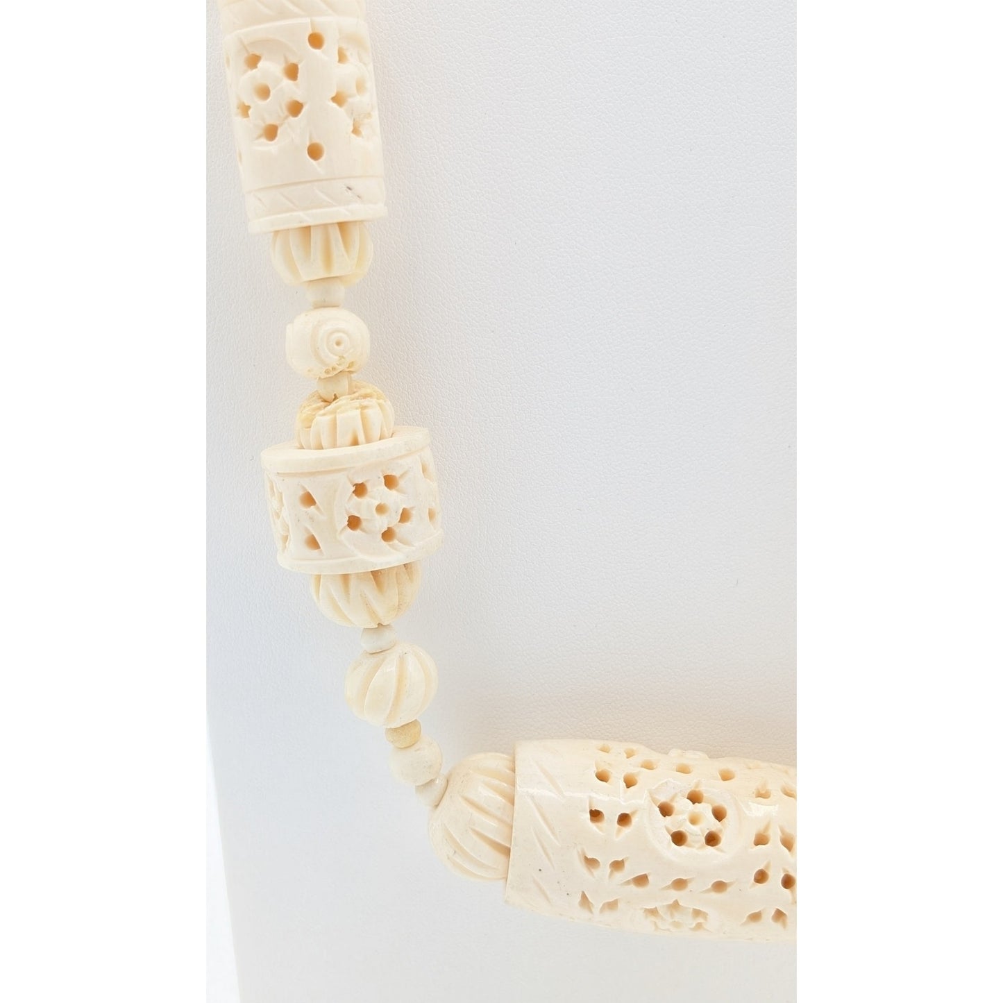 Antique Cream Hand Carved Pierced Bead Barrel Clasp 26" Necklace