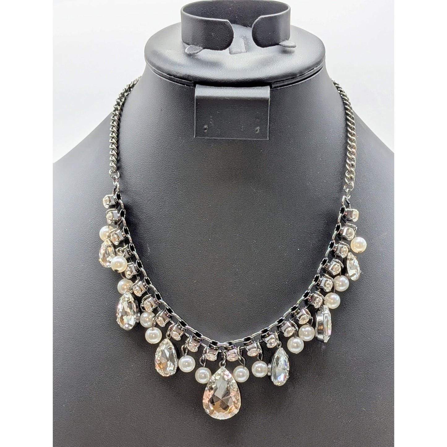 Gun Metal Rhinestone Pearl Dangle 18.5"-21.5" Statement Necklace