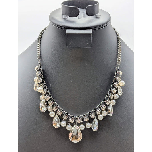 Gun Metal Rhinestone Pearl Dangle 18.5"-21.5" Statement Necklace