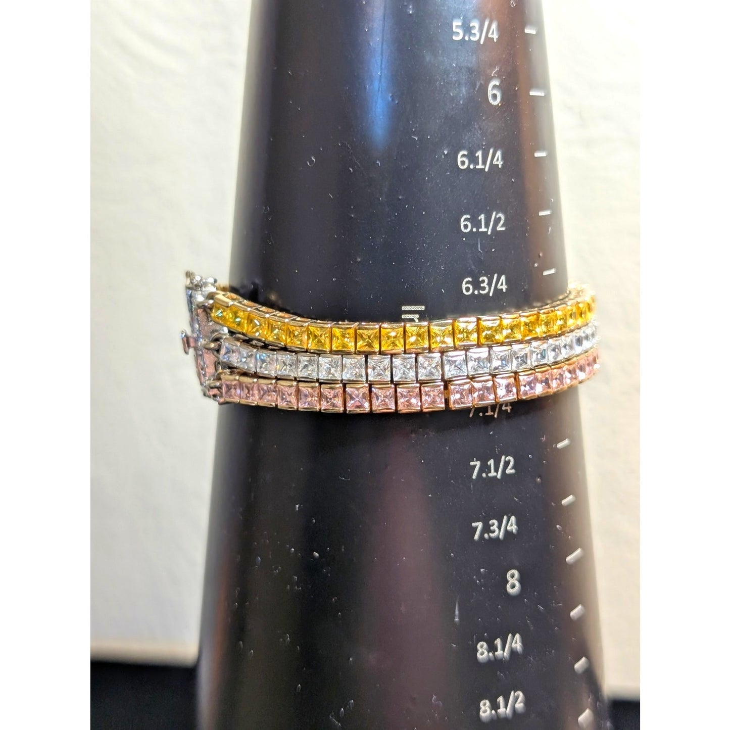 PJM 925 Sterling Pink Yellow Clear Princess Cut Three Strand Tennis Bracelet