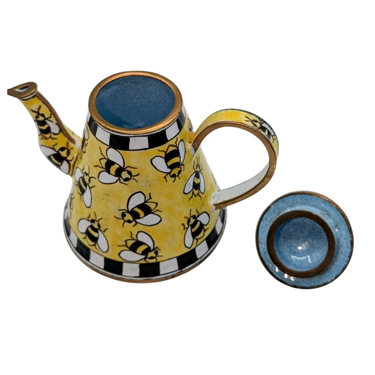 Vtg Miniature 3.5" Enameled Hand Painted Bumble Bee Brass Collectible Teapot