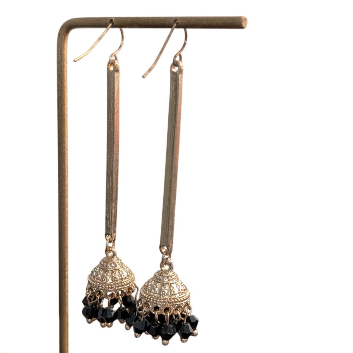 Indian Inspired Black Crystal Long Bar Dangle Earrings