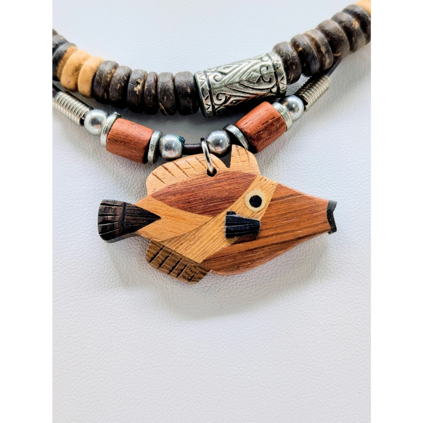 3 Piece Coconut Shell Bead & Inlay Fish Pendant Necklace & Bracelet Lot