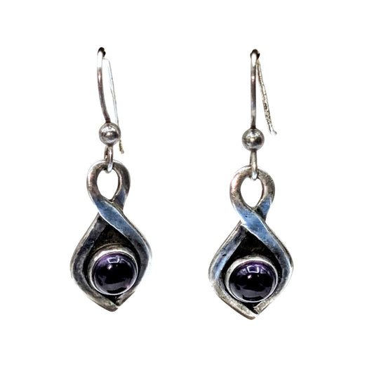 Vintage 925 Sterling Silver Amethyst Cabochon Dangle Earrings