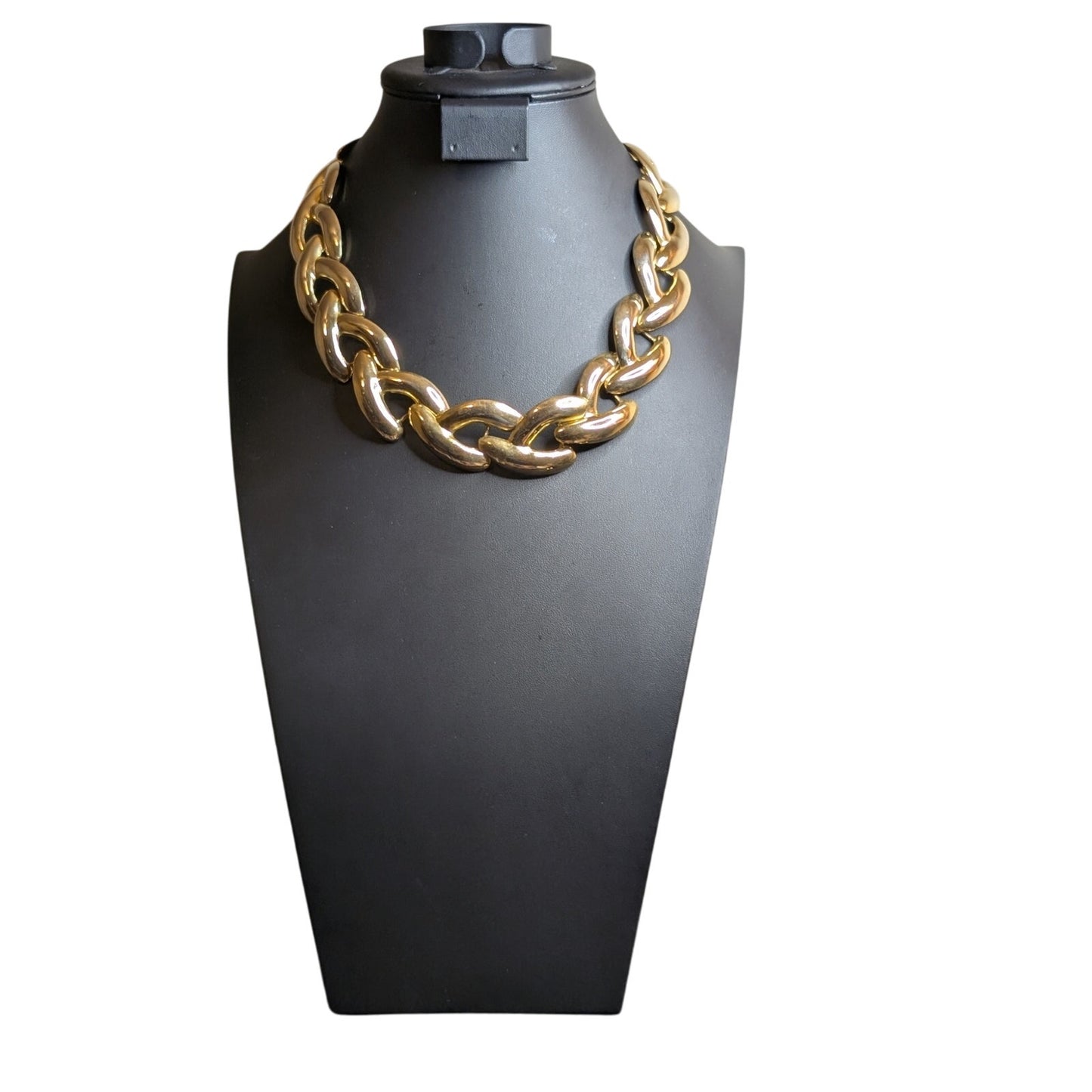 VTG Chunky Polished Gold Tone Y Choker Necklace & Matching Door Knocker Earrings