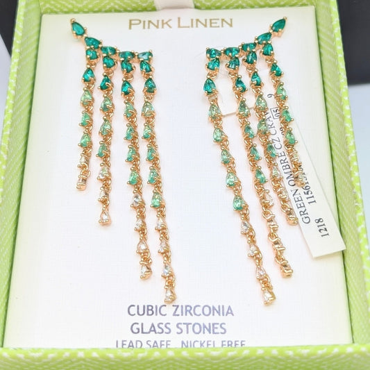 Pink Linen Green Ombre CZ Glass Stones Crawler Cascading Pierced 3" Earrings