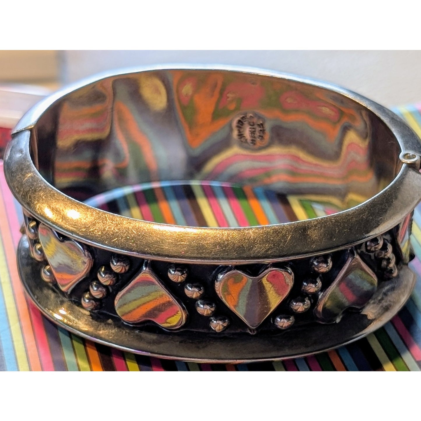Taxco 925 Sterling Silver Mexico Wide Heart Hinge Bangle Bracelet Size 7.5"57.8g