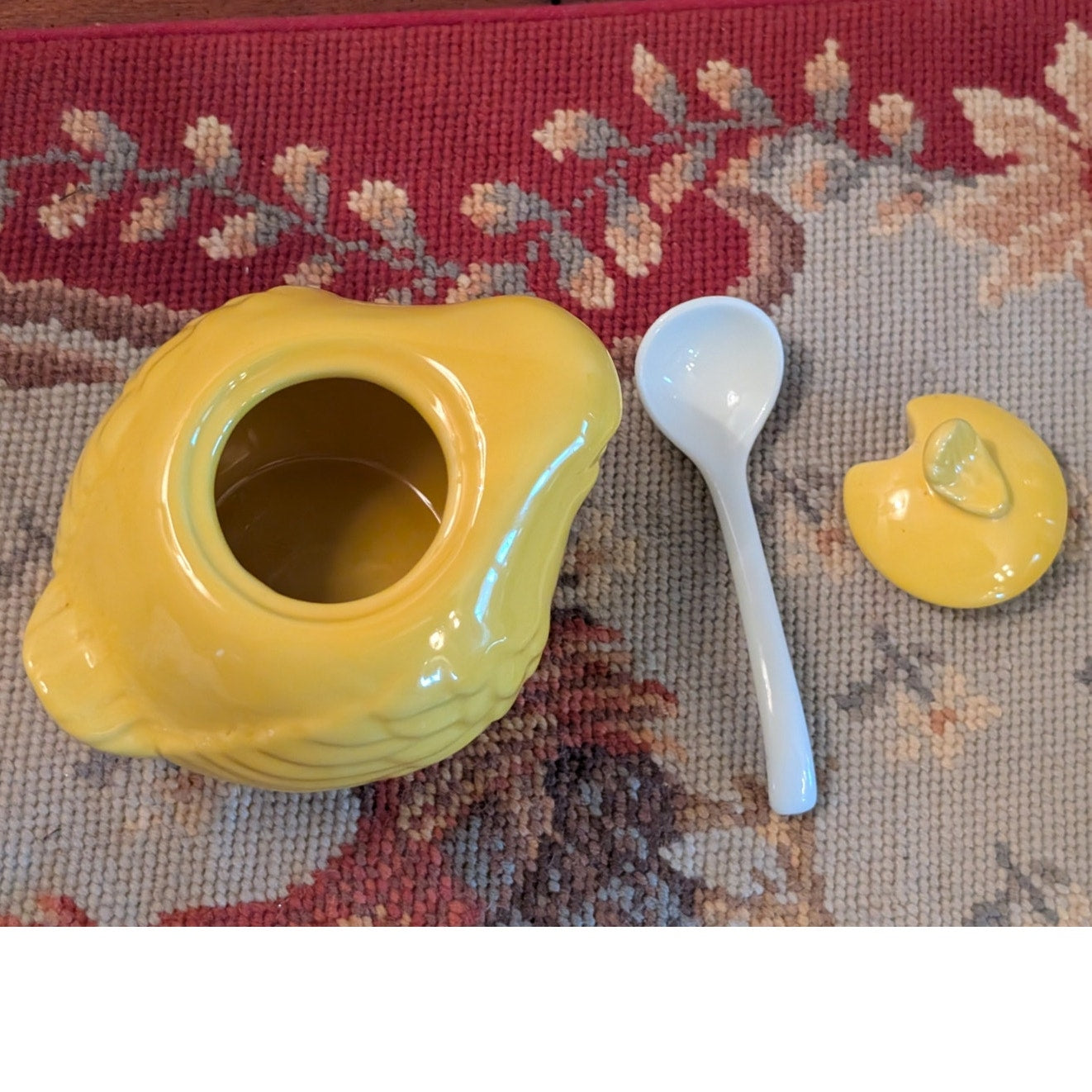 Vintage Yellow Bird Sugar Bowl W/ White Glass Spoon