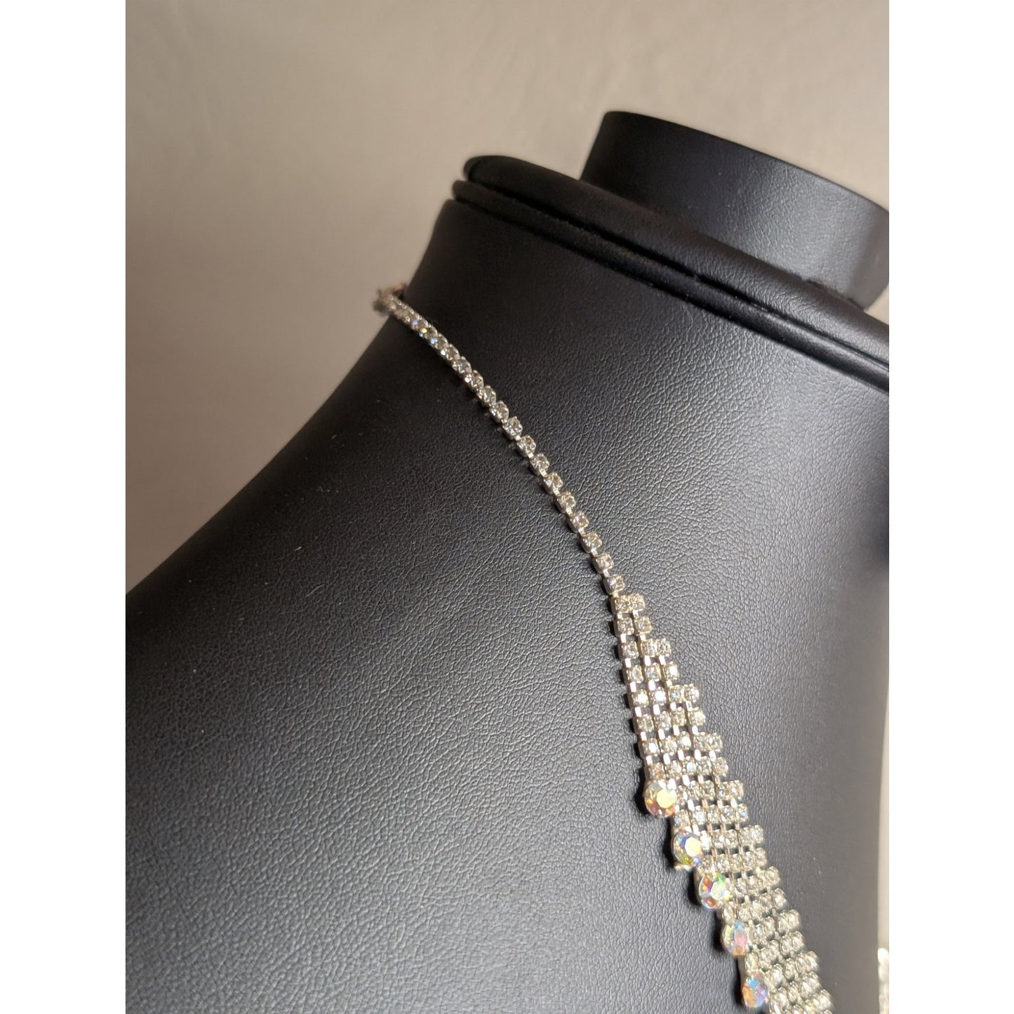 Rhinestone AB Crystal Fringe Dangle Silver Tone 17"-18" Necklace