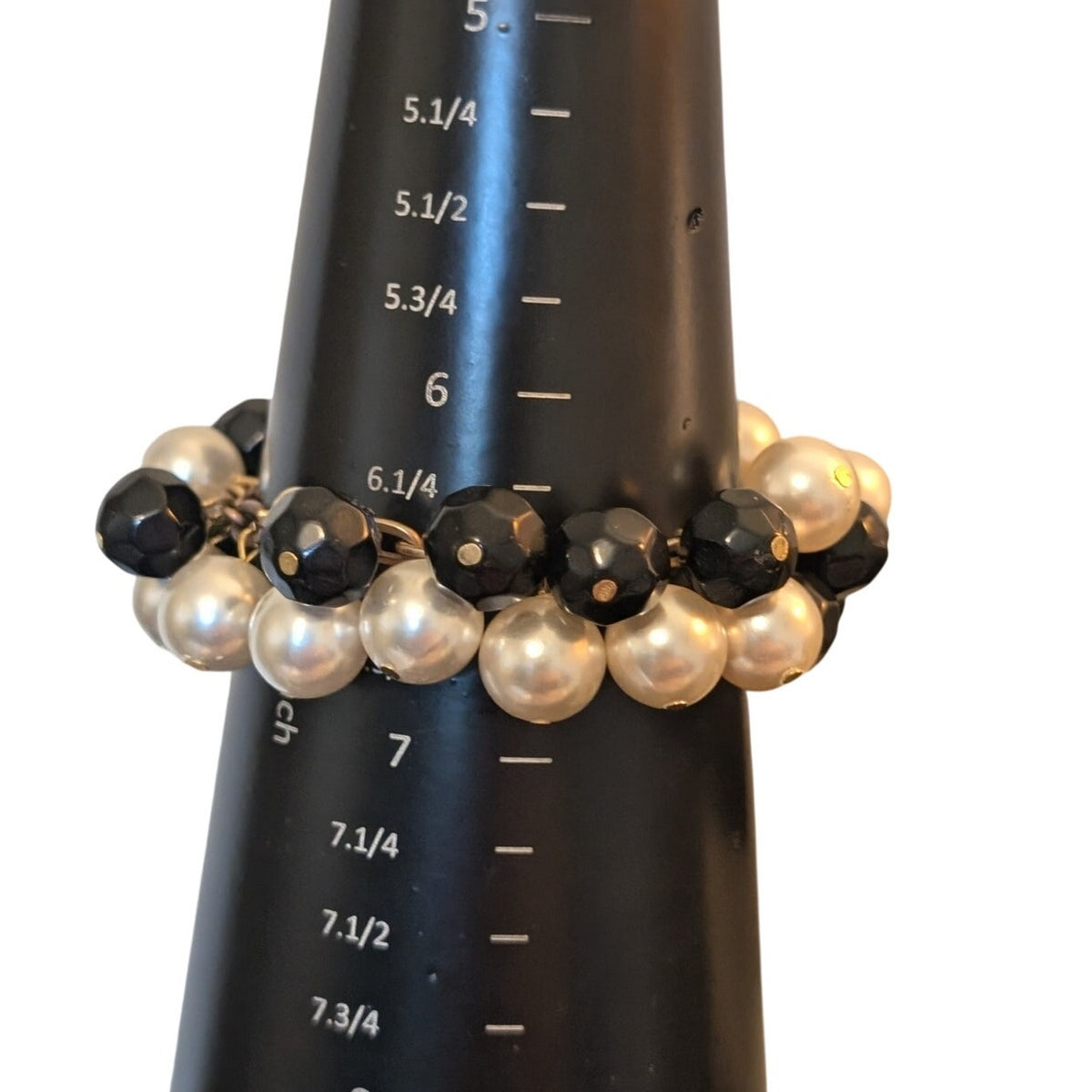 Vintage Black Faceted Acrylic & Faux Pearl Bead Cha-Cha Goldtone Bracelet