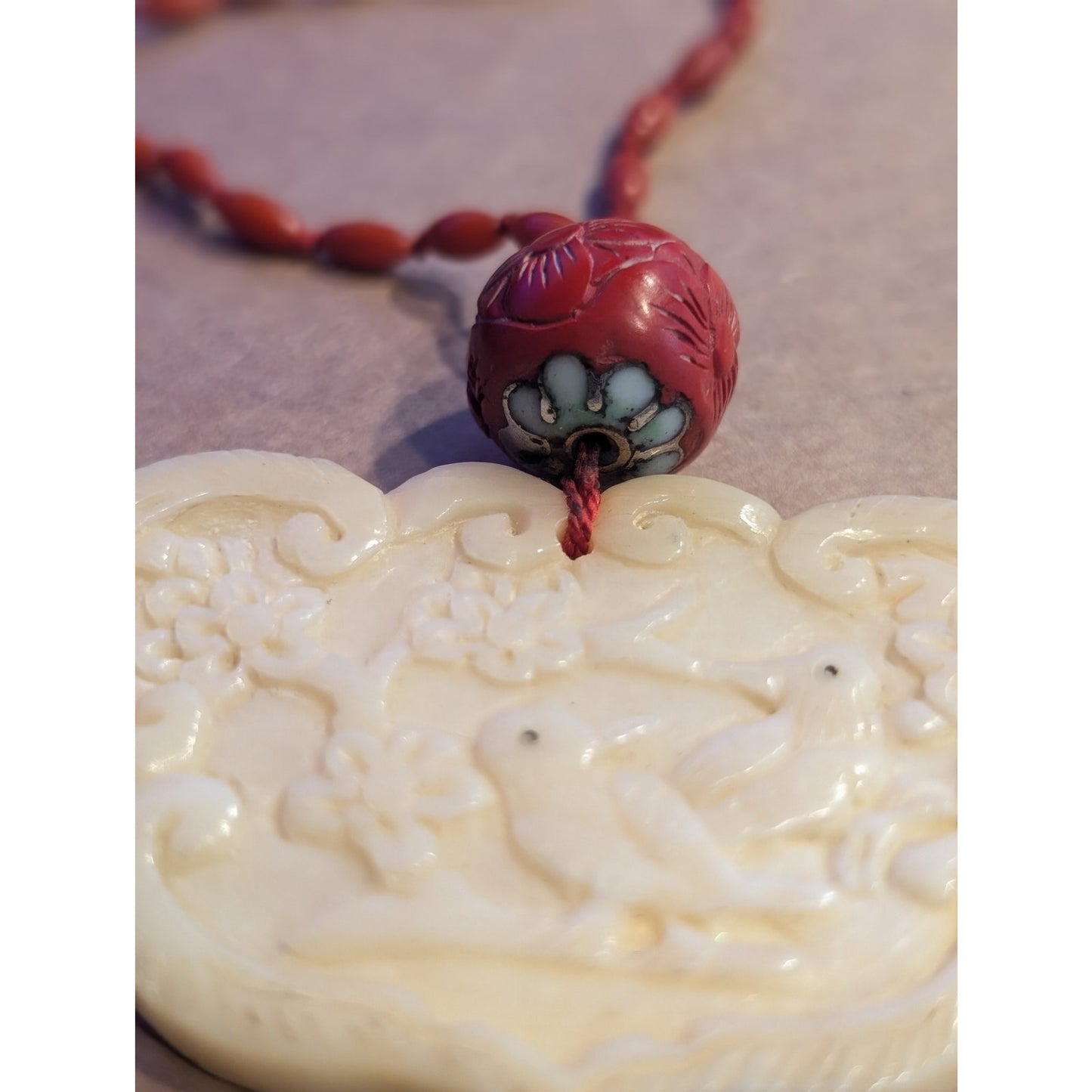 Antique Carved Birds Asian Medallion Hand-Knotted Beaded Necklace