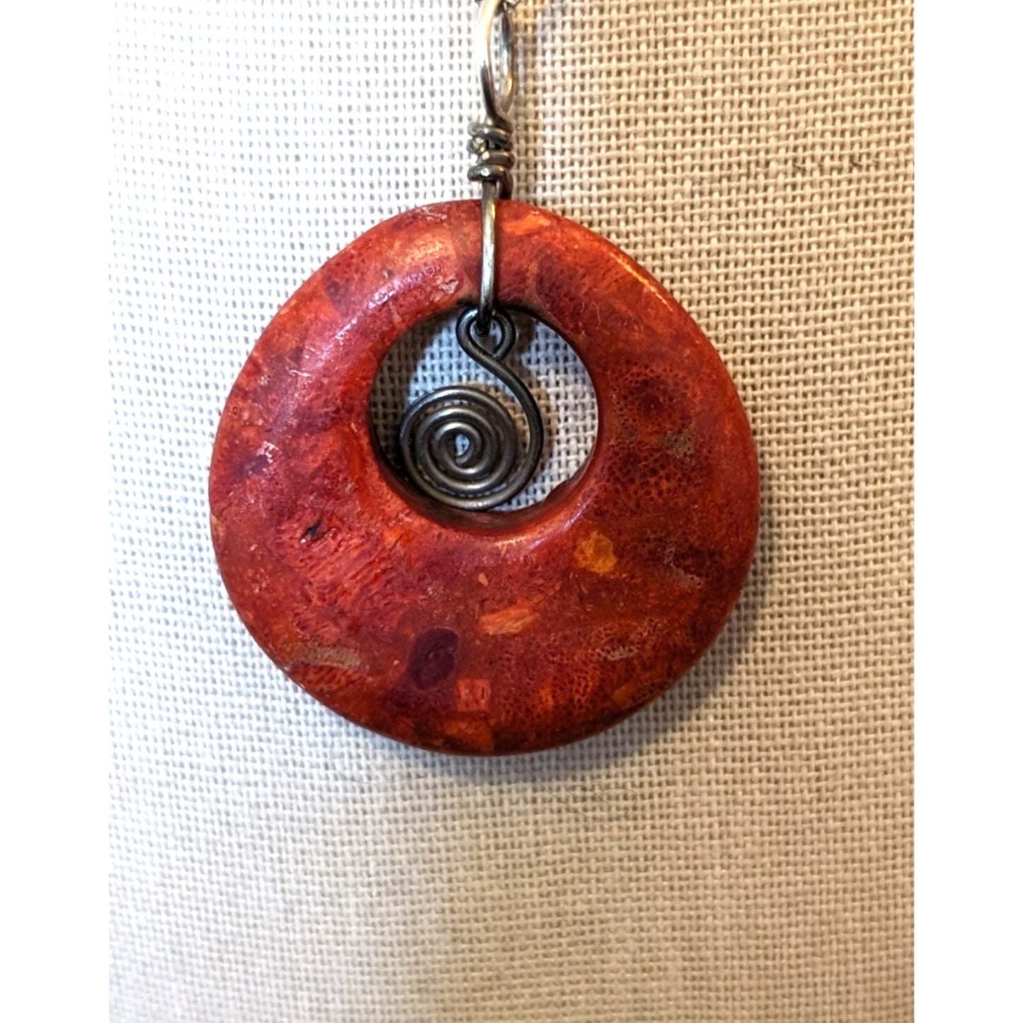 Vtg Large Red Coral Donut Boho Pendant on 925 Italy Sterling 18" Necklace