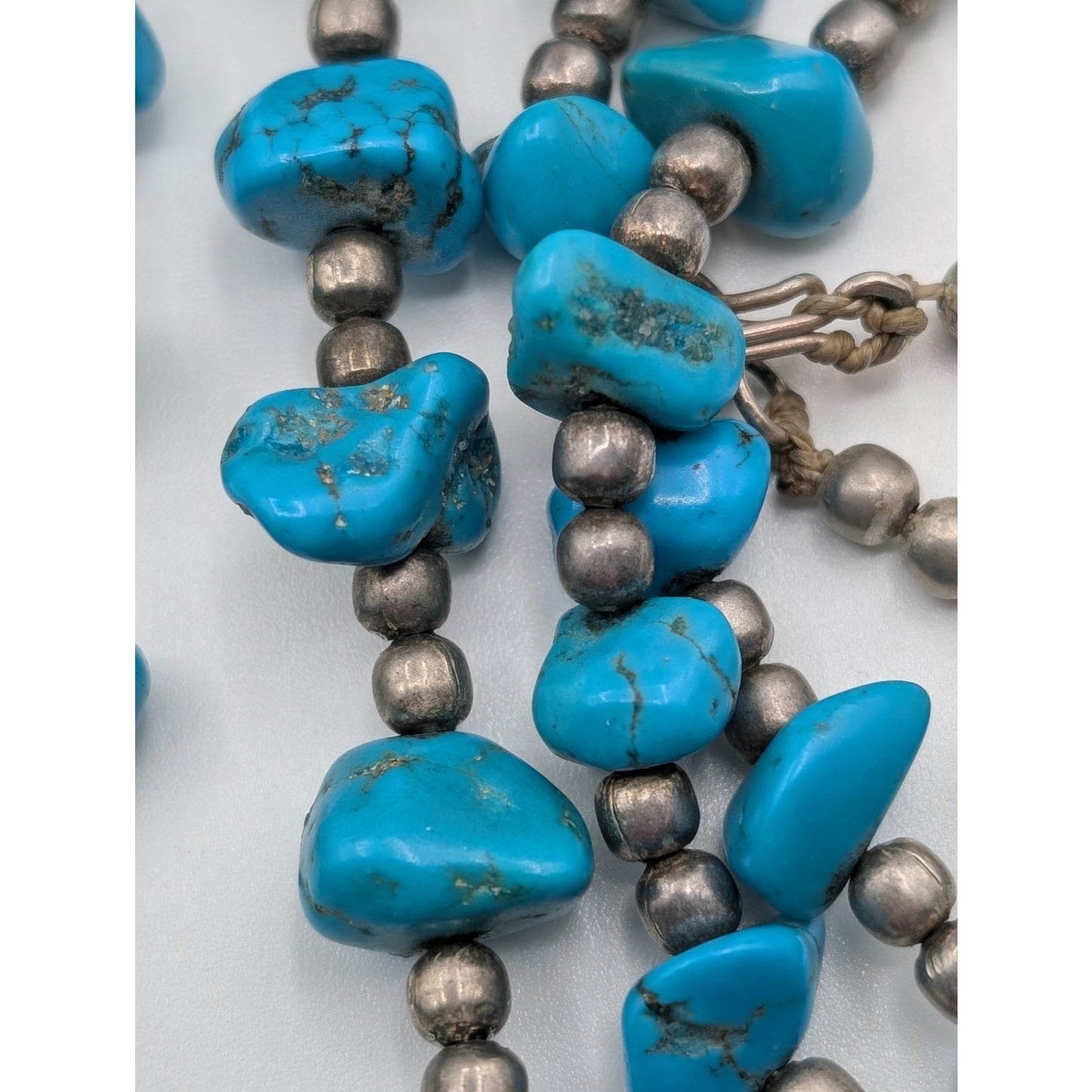 Vintage 1960s Turquoise Nugget Silver Beaded Hook Clasp 28" Necklace