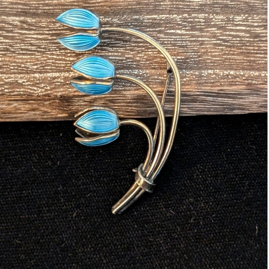 VTG Mid Century Norway 925 Silver 3 Blue Lily Of The Valley Enamel Brooch/Pin