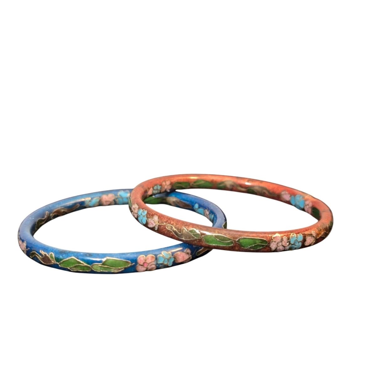 READ! Vtg 80s Cloisonné Floral Inside Outside Blue & Red Enamel Bangle Bracelets
