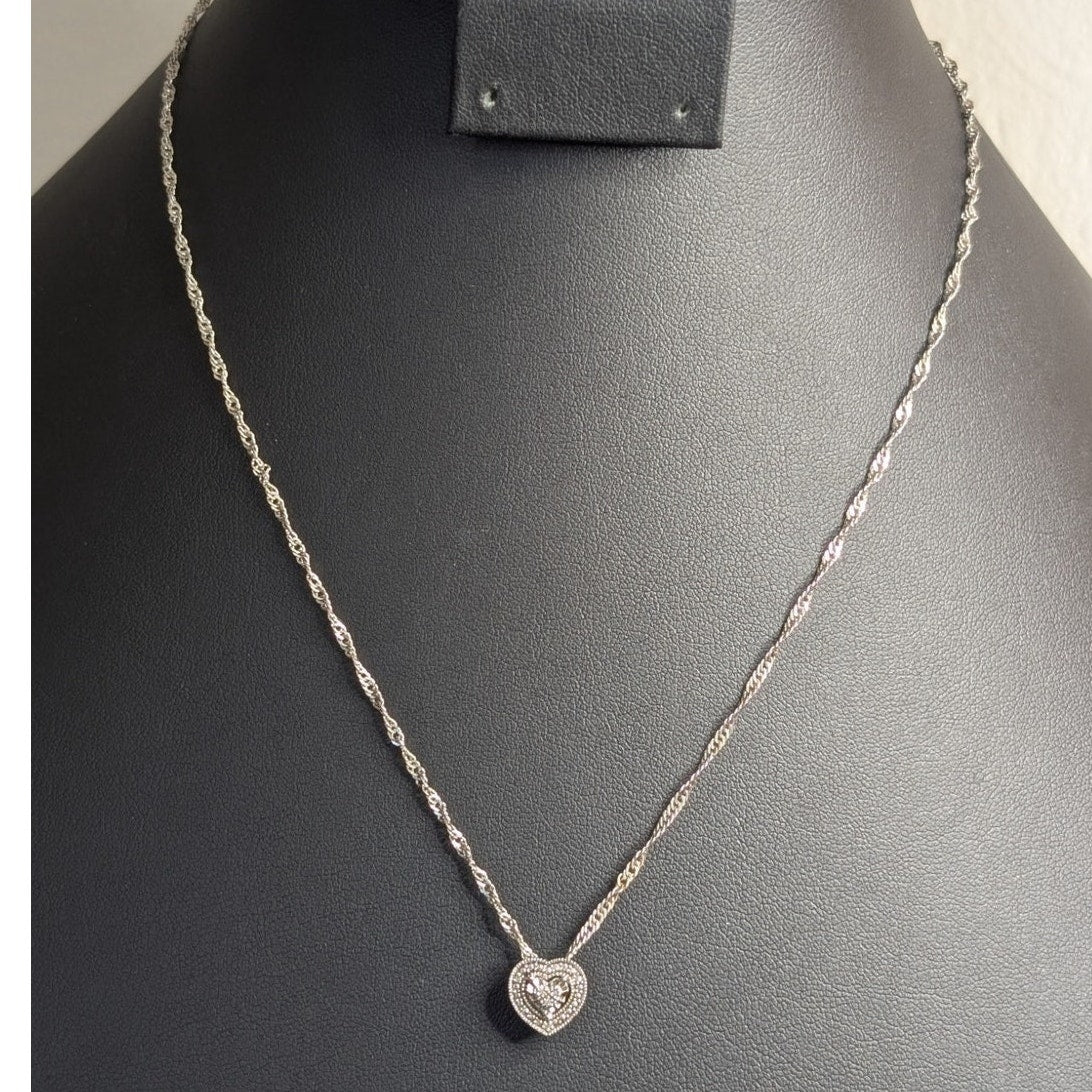VTG 925 Sterling Silver Diamond Heart Pendant Fancy Sterling 18" Chain Necklace